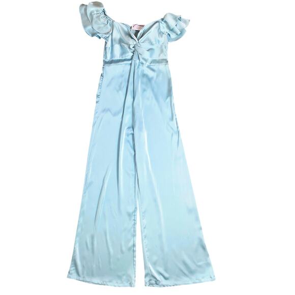 New Small Maternity Baby Blue Satin Silky Ruffle Jumpsuit Pregnancy Boy Gender - Picture 4 of 7